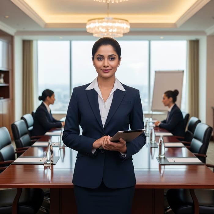Hotelier Woman Manager in Crisp Modern Hotel | Luxury Meeting Room Hotelier Woman Manager in Crisp Modern Hotel | Luxury Meeting Room