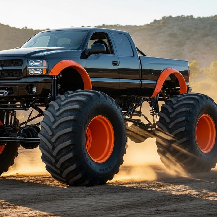 Black Truck with Big Wheels and Orange Wheel Arches Black Truck with Big Wheels and Orange Wheel Arches