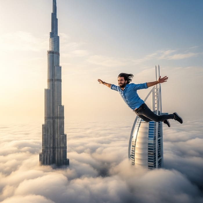 Man Soaring Above Clouds Next to Burj Khalifa Dubai Man Soaring Above Clouds Next to Burj Khalifa Dubai