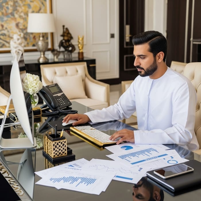 Luxurious Man Working with Money and Luxury Luxurious Man Working with Money and Luxury