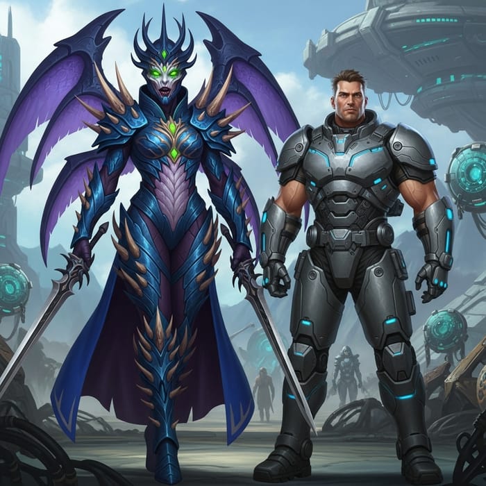 Regal Queen of Blades & Rugged Warrior in Sci-Fi Battle Regal Queen of Blades & Rugged Warrior in Sci-Fi Battle
