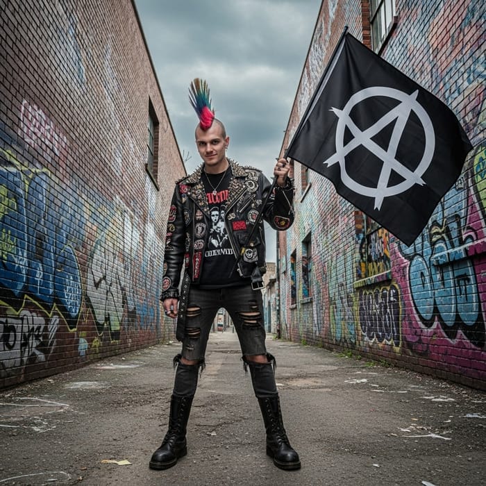Chico Punk Anarchist Character with Mohawk and Graffiti Setting