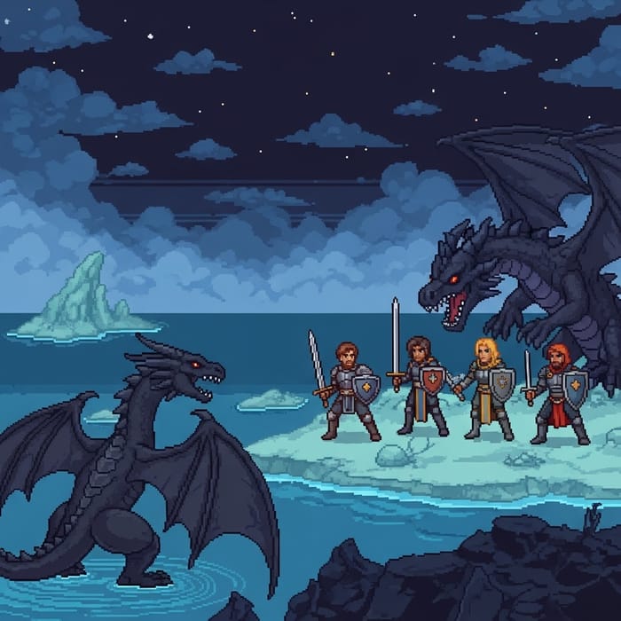 Pixel Art Scene: Knights vs Black Dragon in Dark Sky