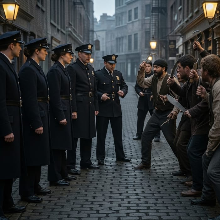 1900s Police Standoff: Tension on Cobblestone Streets 1900s Police Standoff: Tension on Cobblestone Streets