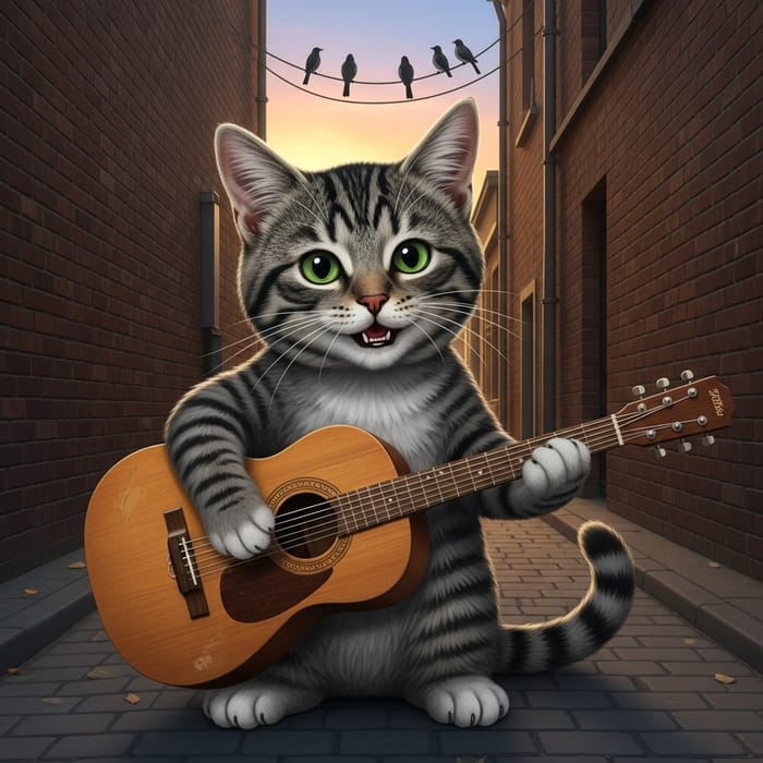 Funny Street Cat Playing Guitar in Sunset Alley Funny Street Cat Playing Guitar in Sunset Alley