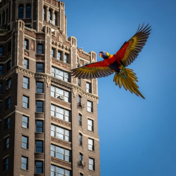 Colorful Parrot Soaring Above Urban Skyline | Wildlife Scene Colorful Parrot Soaring Above Urban Skyline | Wildlife Scene