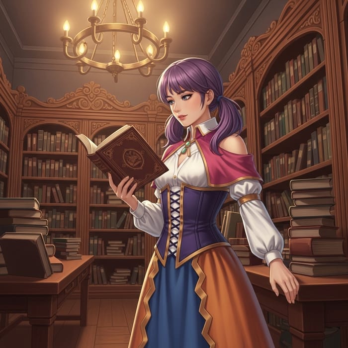 Lynette in Library: Enchanting Medieval Reading Scene