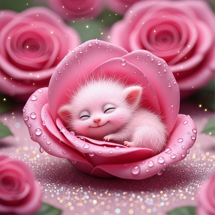 Magical Scene of Sleeping Pink Fluffy Creature in Rose Petal Magical Scene of Sleeping Pink Fluffy Creature in Rose Petal