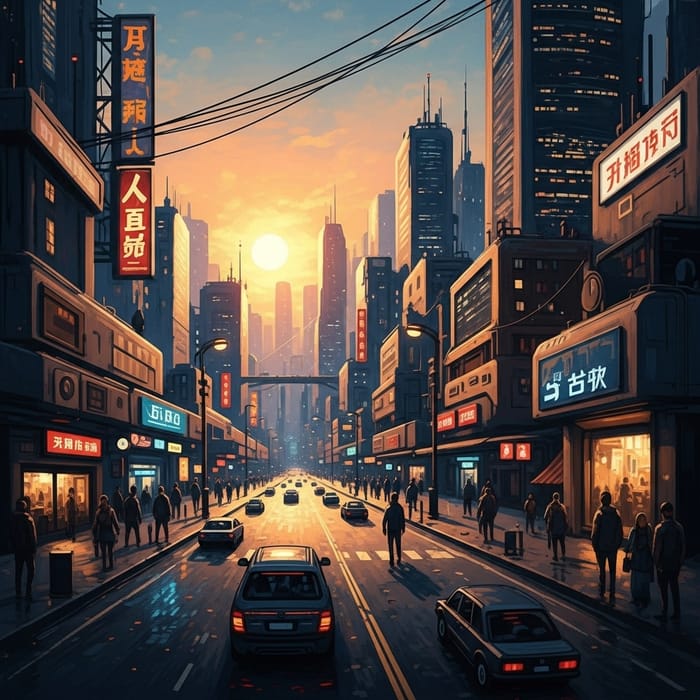 Futuristic Cityscape at Sunset: Vibrant Impressions of Cyberpunk Beauty