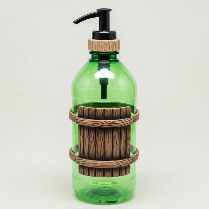 Green PET Bottle with Rustic Dispenser - Unique Design