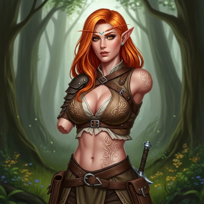 Stunning Elf Woman with Striking Orange Hair and One Arm in Forest Scene Stunning Elf Woman with Striking Orange Hair and One Arm in Forest Scene