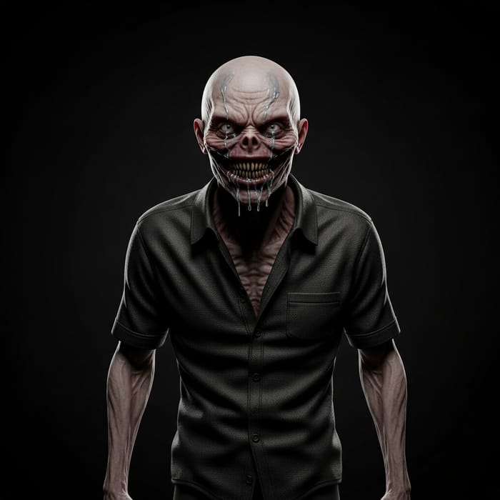 Primal Terror: Hyperrealistic Monstrous Entity with Lifeless Eyes and Wide Grin Primal Terror: Hyperrealistic Monstrous Entity with Lifeless Eyes and Wide Grin