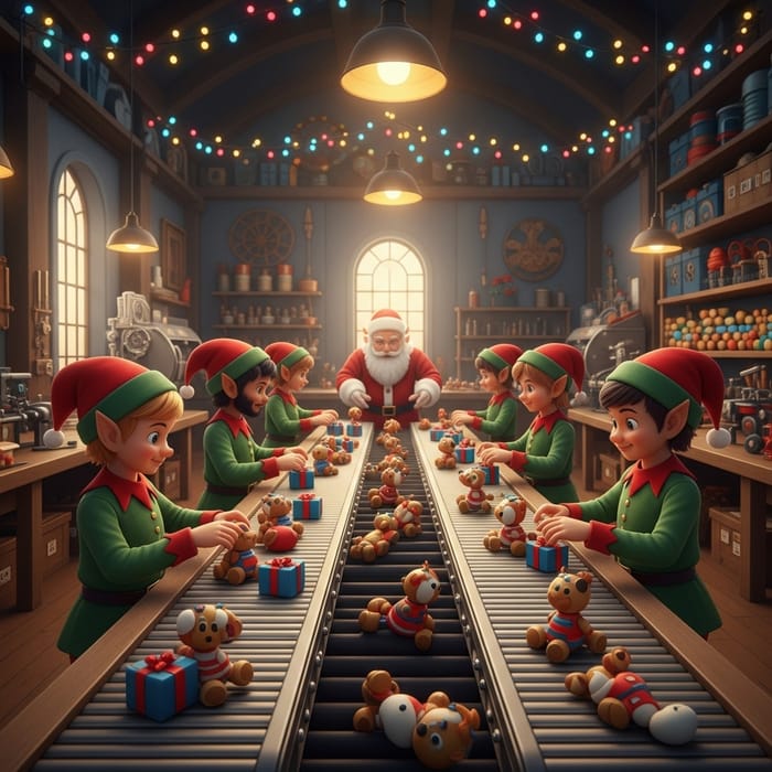 Santa's Toy Factory: Enchanting Conveyor Belt of Toys with Multicultural Elves Santa's Toy Factory: Enchanting Conveyor Belt of Toys with Multicultural Elves