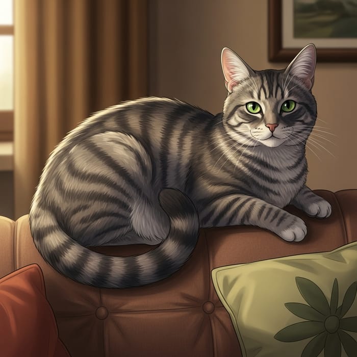 Charming Grey Cat Relaxing on Cozy Couch