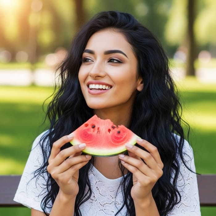 Beautiful Woman Enjoying Watermelon Slice Beautiful Woman Enjoying Watermelon Slice