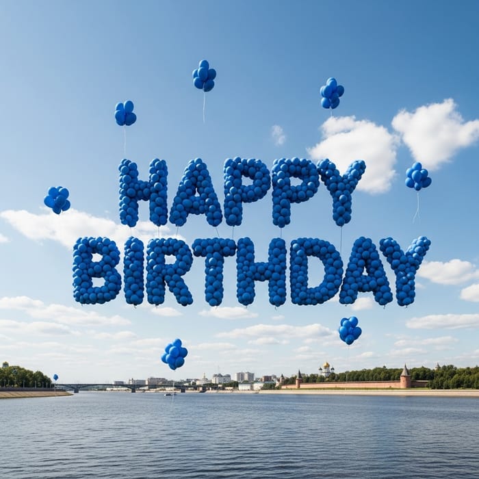 Happy Birthday Balloons Over Nizhny Novgorod River