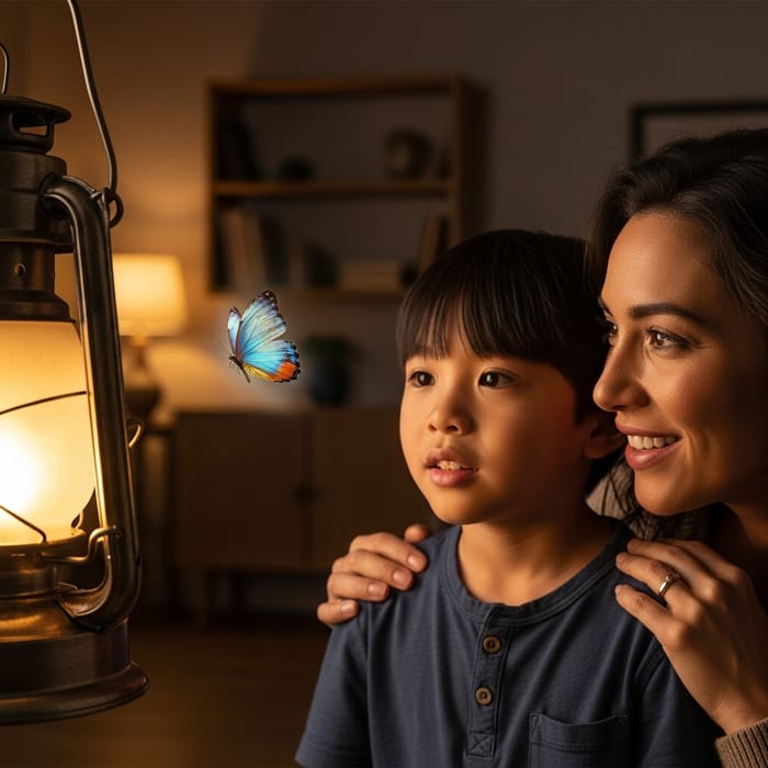 Beautiful Butterfly Flying to Lamp, while Mother and Son Watch