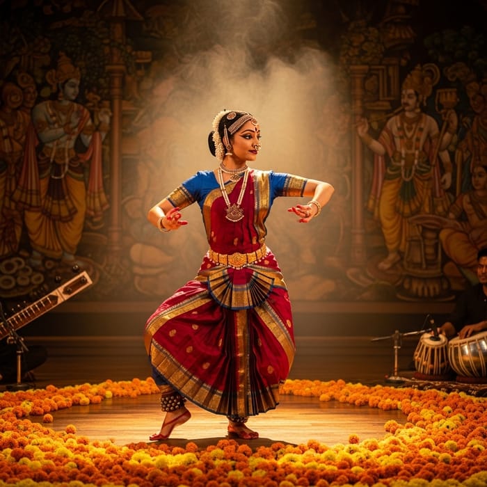 Colorful Bharatanatyam Dance Performance with Marigold Decor