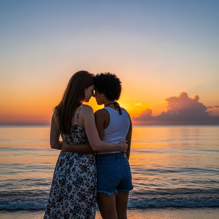 Peaceful Sunset Beach Photo of Beautiful Lesbian Couple Peaceful Sunset Beach Photo of Beautiful Lesbian Couple