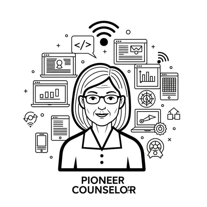 Pioneer Counselor with Tech Symbols - Modern Sketch