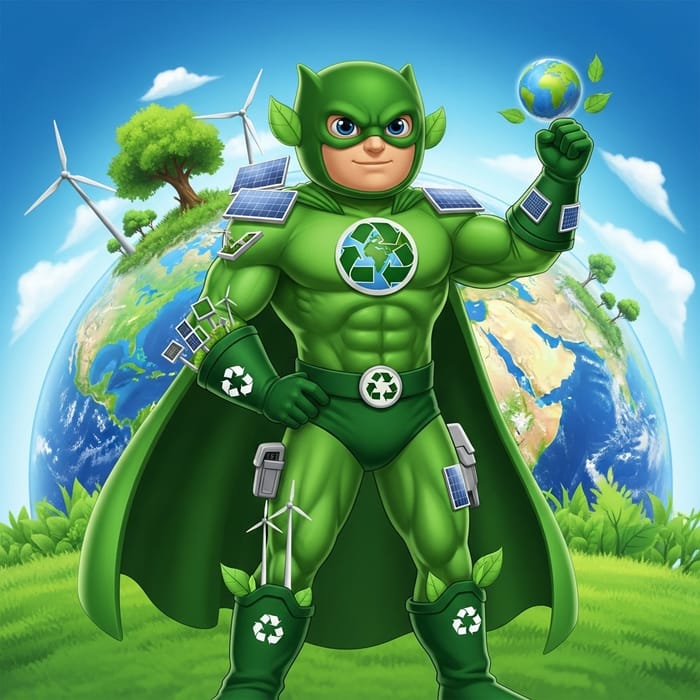 Eco-Friendly Superhero Mascot for Sustainability Eco-Friendly Superhero Mascot for Sustainability
