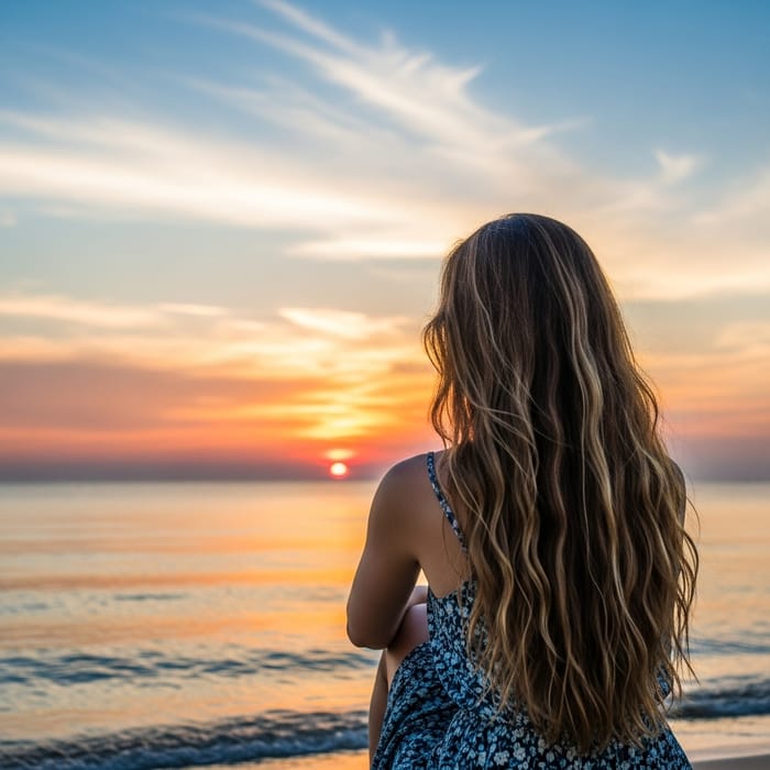 Beautiful Girl Admiring Sunset on Sandy Beach Beautiful Girl Admiring Sunset on Sandy Beach