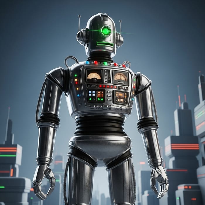 Retro Sci-Fi Robot in Gleaming Silver