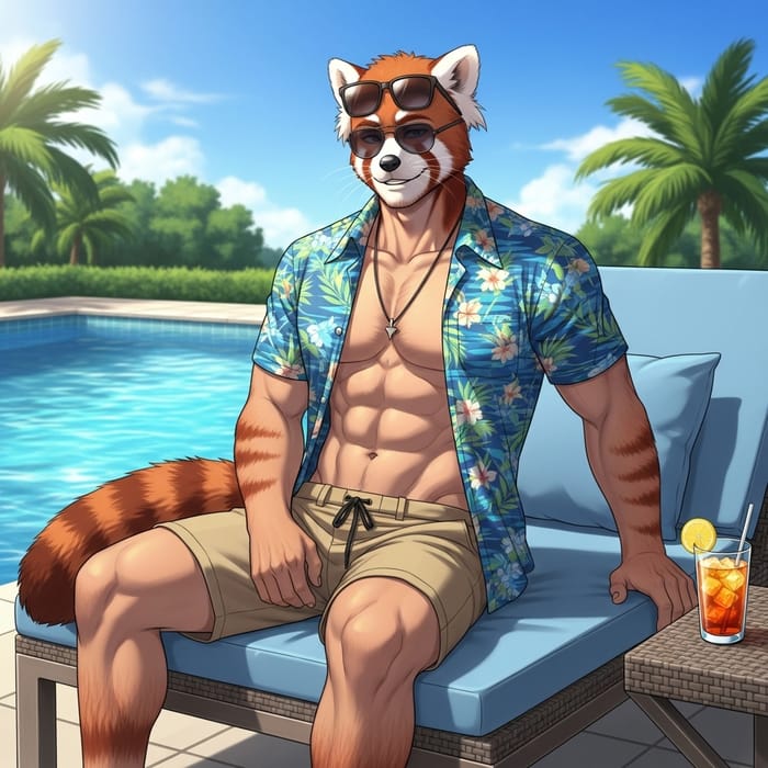 Male Red Panda Demi-Human Relaxing by Pool in Underwear