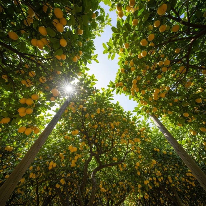 Sunlit Lemon Plantation: Ripe Yellow Lemons on Branches Sunlit Lemon Plantation: Ripe Yellow Lemons on Branches
