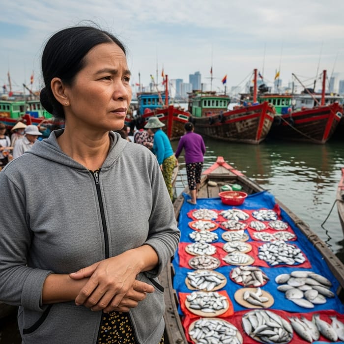 Vietnamese Woman Considering Purchasing Fish at Fishing Boats, Wide-angle Portrait Photo