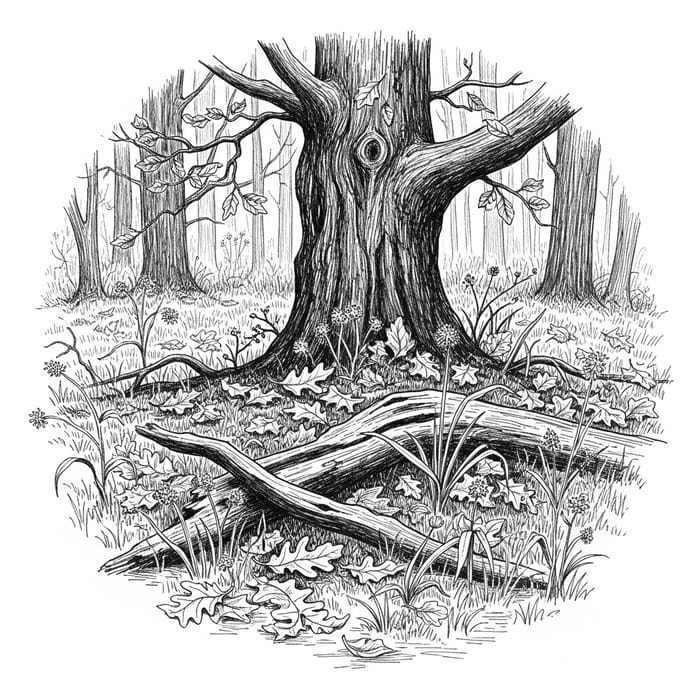 Intricate Ink Drawing of Autumn Oak Grove with Realist Influence