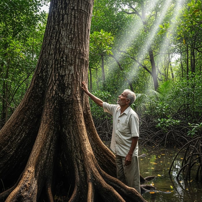 Awe-Inspiring Moment: Elderly Man Touching Majestic Mangrove Tree | Nature Wonder Awe-Inspiring Moment: Elderly Man Touching Majestic Mangrove Tree | Nature Wonder