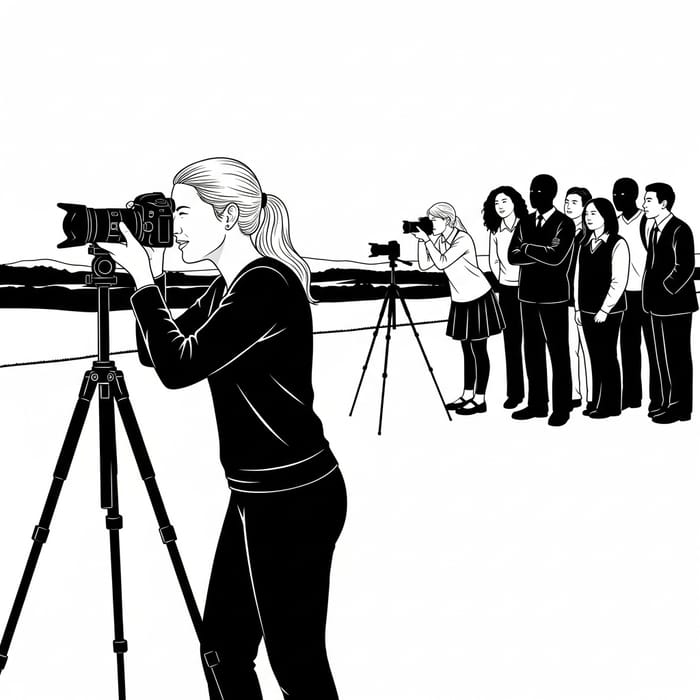 Silhouette of Female Photographer and Students Capturing Moment