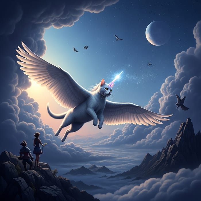 Majestic UniCat: Enchanting Feline with Wings in Flight