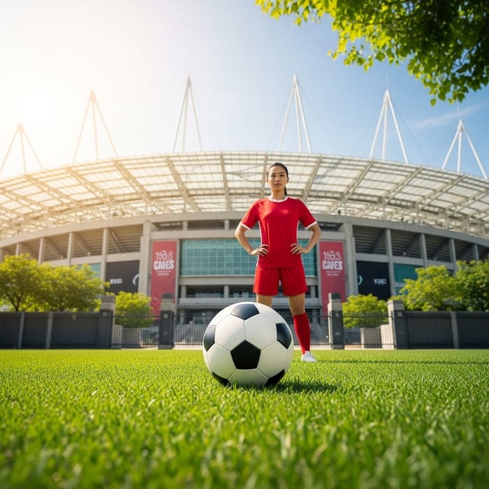 Vibrant Football Stadium with Player and Ball on Green Grass