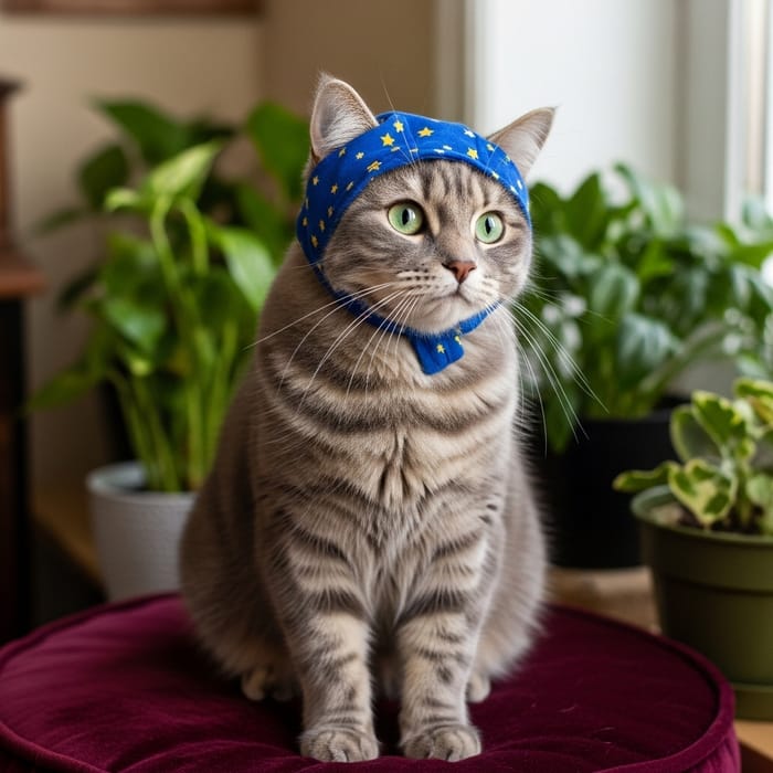 Adorable Cat with Emerald Eyes in Blue Head Cap Adorable Cat with Emerald Eyes in Blue Head Cap
