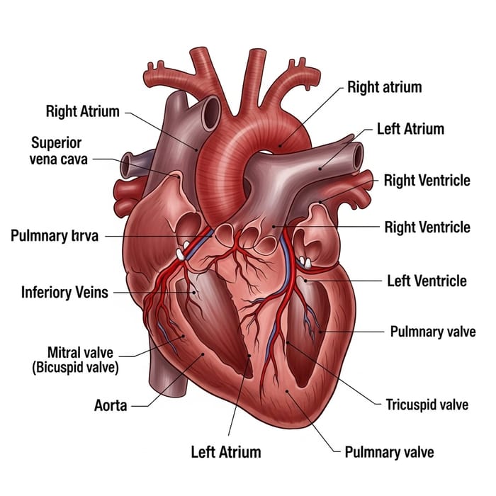Detailed Human Heart Illustration with Labeled Parts Detailed Human Heart Illustration with Labeled Parts