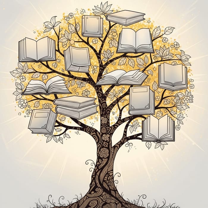 Art Nouveau Tree Silhouette with Book Decor - Intricate Line Work and Floral Motifs Art Nouveau Tree Silhouette with Book Decor - Intricate Line Work and Floral Motifs