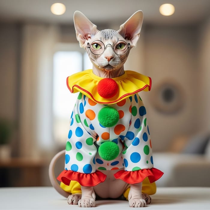Bald Cat in Clown Suit and Glasses - Fun & Adorable Bald Cat in Clown Suit and Glasses - Fun & Adorable