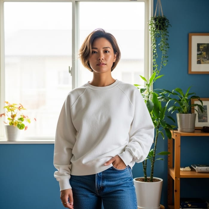 Stunning Woman in White Oversized Sweatshirt and Jeans | Natural Daylight Beauty Stunning Woman in White Oversized Sweatshirt and Jeans | Natural Daylight Beauty