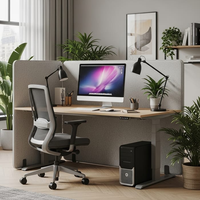 Modern Office Workstation with Felt Acoustic Screen and Tropical Plants Modern Office Workstation with Felt Acoustic Screen and Tropical Plants