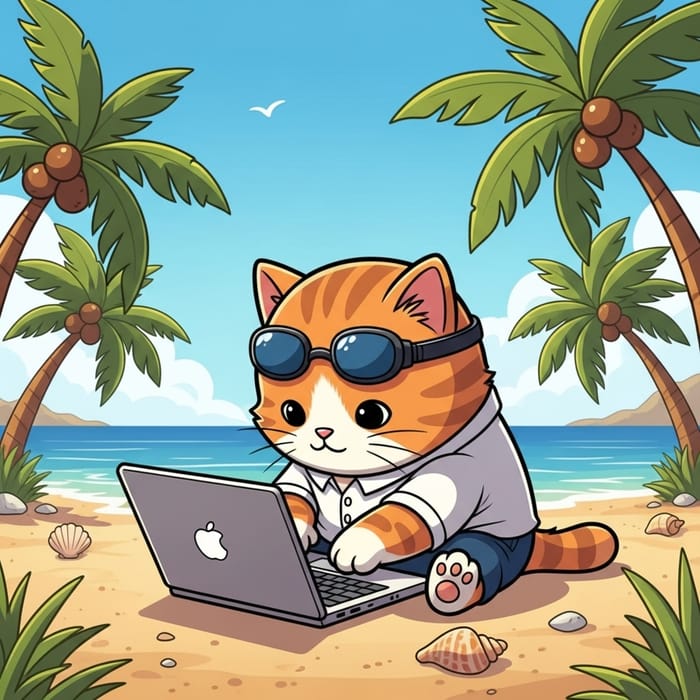 Chonky Cartoon Cat Freelancing in IT at Beach Chonky Cartoon Cat Freelancing in IT at Beach