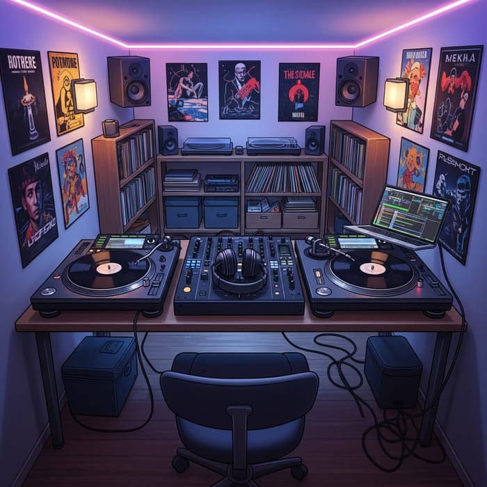 Cozy DJ Studio Interior | Mixer, Turntables, Vinyl Records Cozy DJ Studio Interior | Mixer, Turntables, Vinyl Records