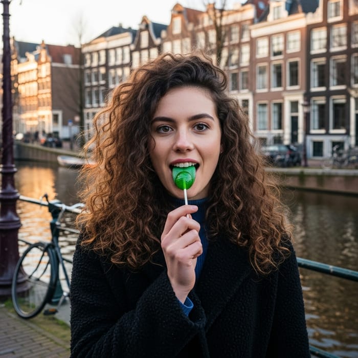 Young Woman with Curly Hair and Green Lollipop in Amsterdam Young Woman with Curly Hair and Green Lollipop in Amsterdam