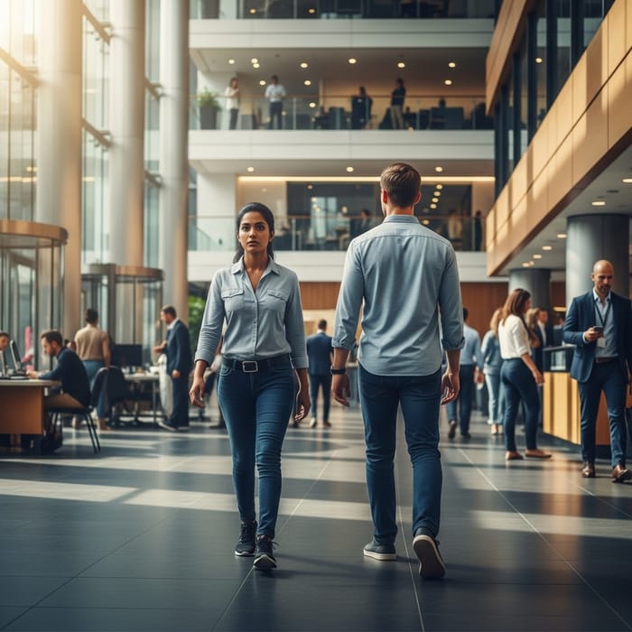 Male Customer with Female Bodyguard in Office Building Lobby Male Customer with Female Bodyguard in Office Building Lobby