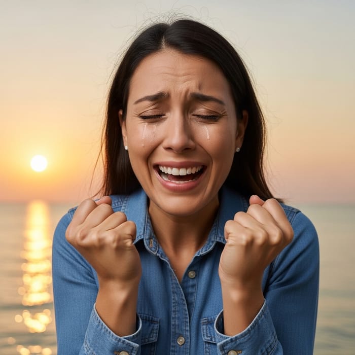 Triumphant Hispanic Woman Overcoming Long Struggle in the Sunset Triumphant Hispanic Woman Overcoming Long Struggle in the Sunset