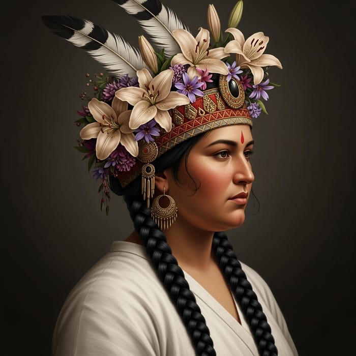 Realistic Antique Portrait of Brown Woman with Intricate Floral Designs