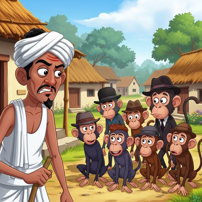 Expressive South Asian Villager and Hat-Wearing Monkeys in Vibrant Village Scene