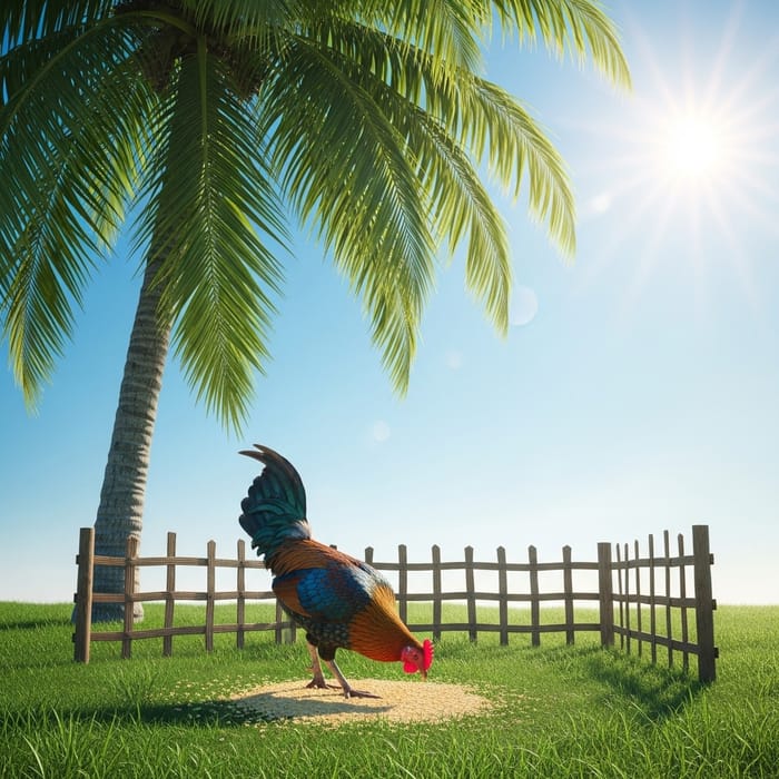Chicken Eating Rice Under Coconut Tree - Serene Countryside Scene