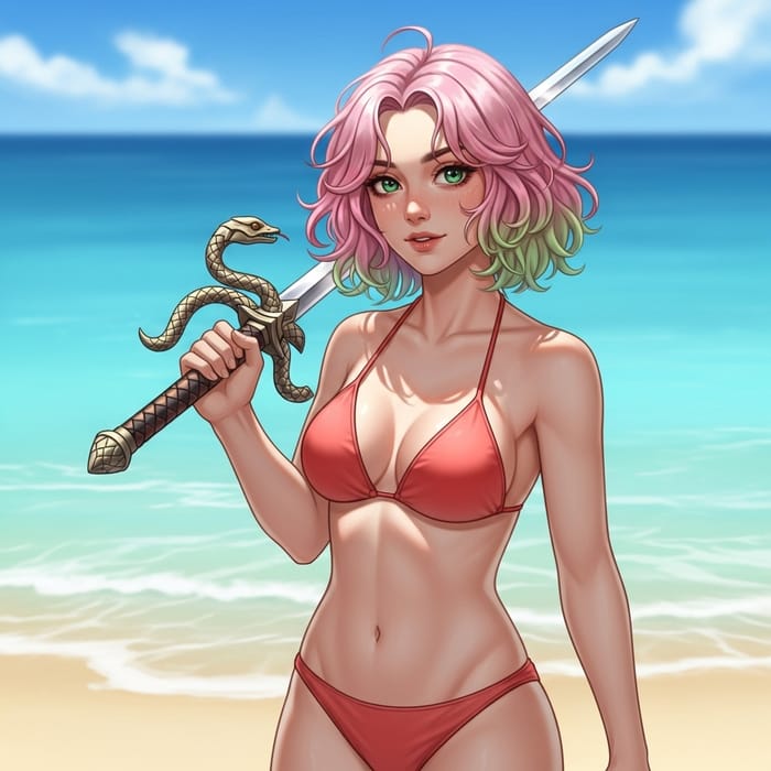 Mitsuri Kanroji in Bikini with Unique Sword on Beach